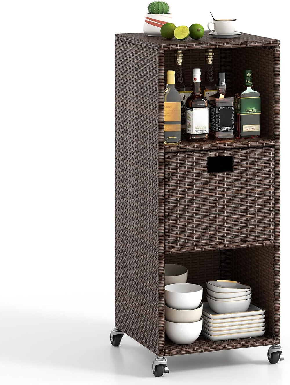 Tangkula Rattan Outdoor Storage Cabinet with 4 Wheels, Mix Brown