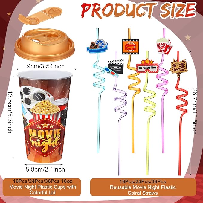 Yungyan 36 Sets Movie Night Party Favors Goodie Cups with Lids and Straws for...