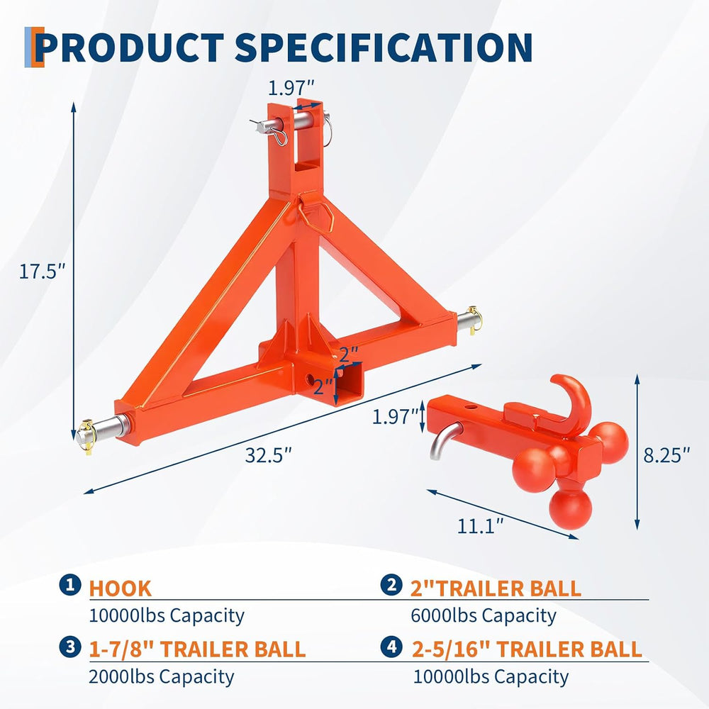 Garvee 3 Point Hitch Receiver with 2 in Receiver, 3 Ball & Hook