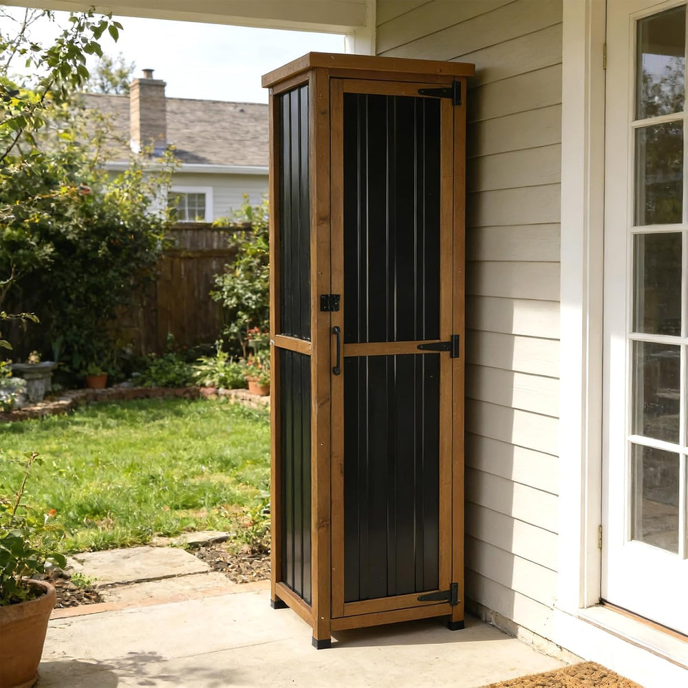 Outdoor Storage Cabinet, Wood & Metal Storage Shed with Weatherproof Roof...