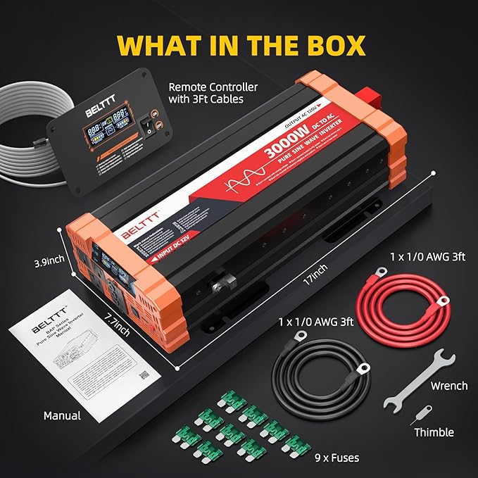 BELTTT 3000W Pure Sine Wave Inverter 12V DC to 120V AC