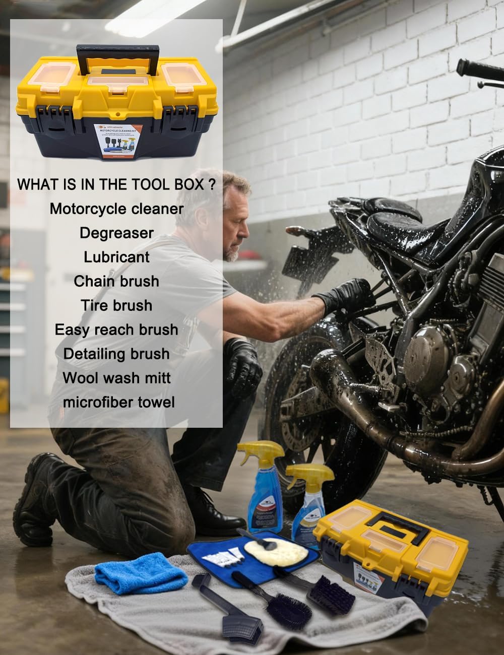 Motorcycle Cleaning Kit, 10-Piece Wash & Chain Care Set with 19 oz Cleane...