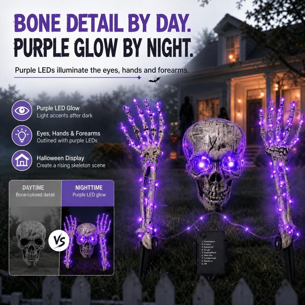 Halloween Decoration Outdoor, 3-Piece Purple LED Skeleton Stake Set