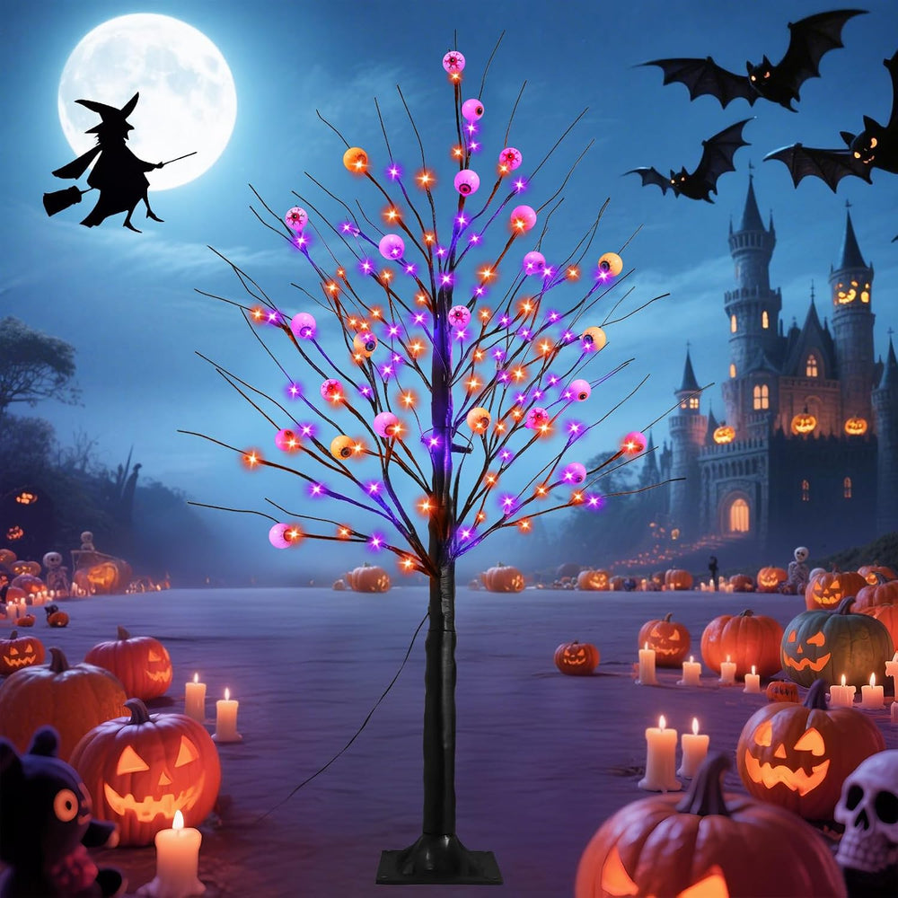 6FT Halloween Decorations Spooky Tree Lights, Large Black Trees with 144 Oran...