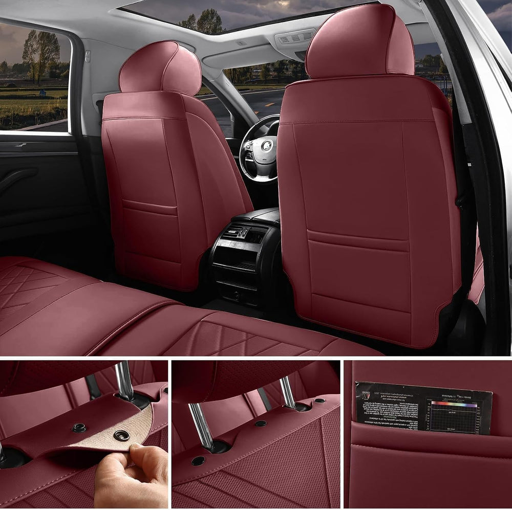 Leather Car Seat Covers Full Set Women Luxury Burgundy Non-Slip Seat Covers