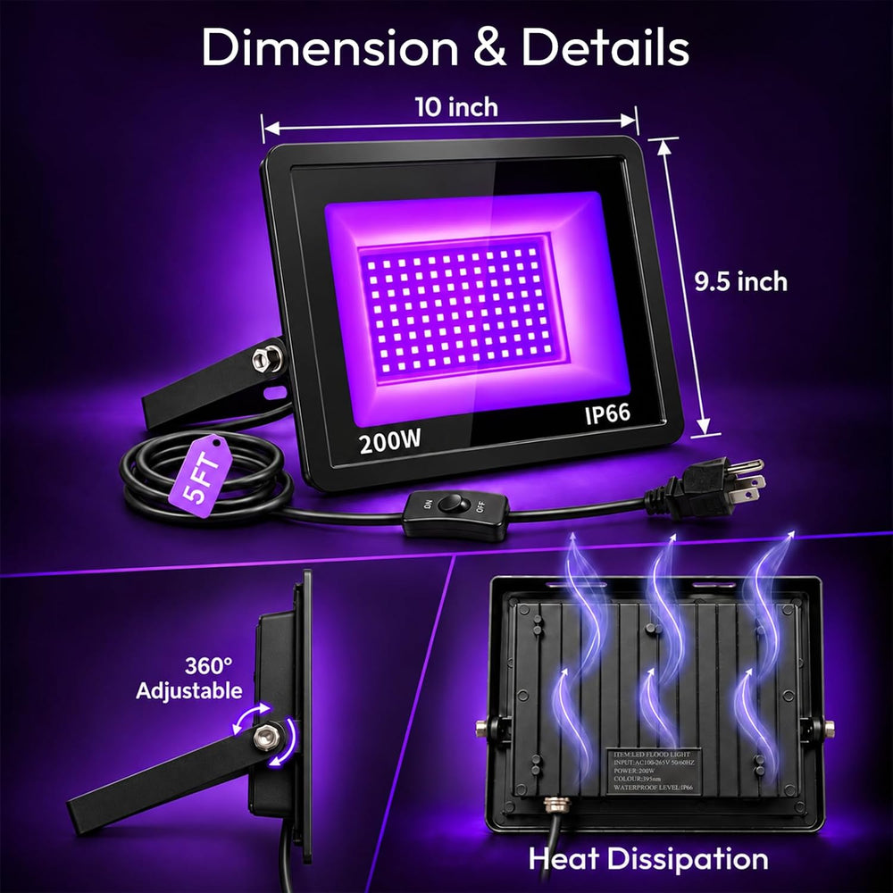 2-Pack 200W UV Black Lights for Halloween & Party, IP66, Plug/Switch