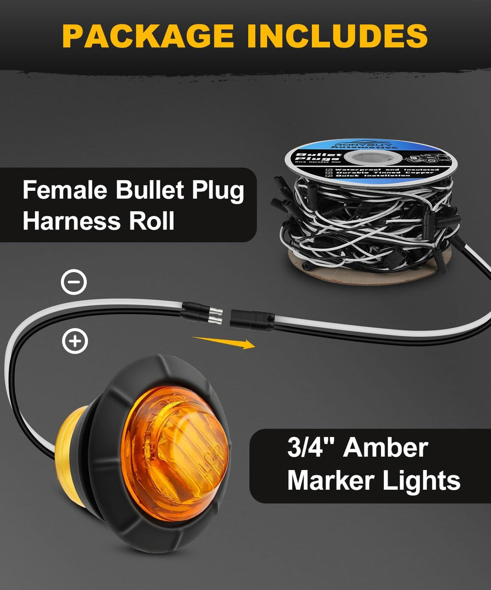 50 Pcs 3/4" Amber LED Marker Lights w/Plug + Female 2-Prong Wire