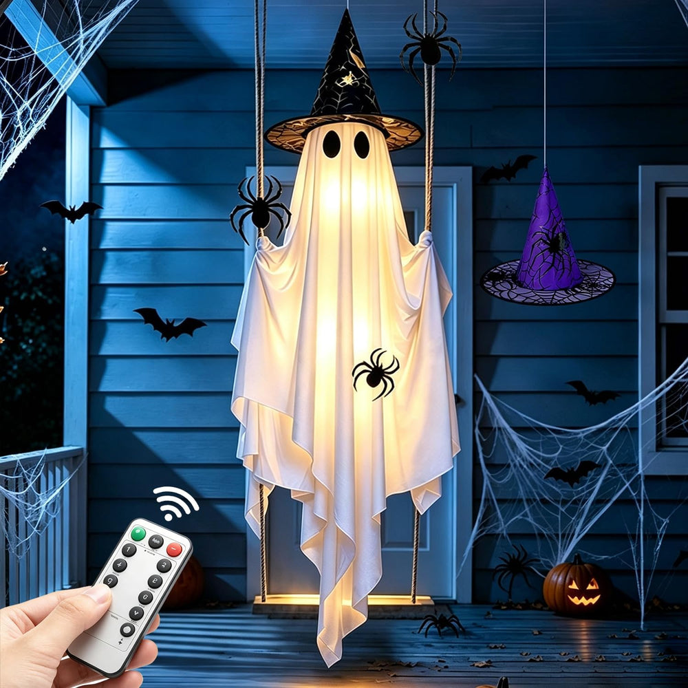 Swinging Ghost with 2PCS Hat & 12PCS Spider Halloween Decoration Outdoor