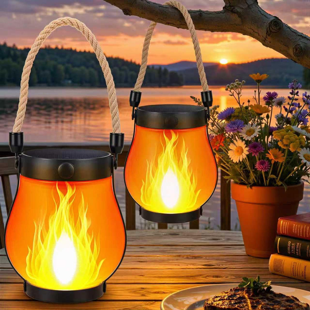 2 Pack Solar Flame Lantern Lights — Flickering Flame Hanging Lanterns Outdoor...