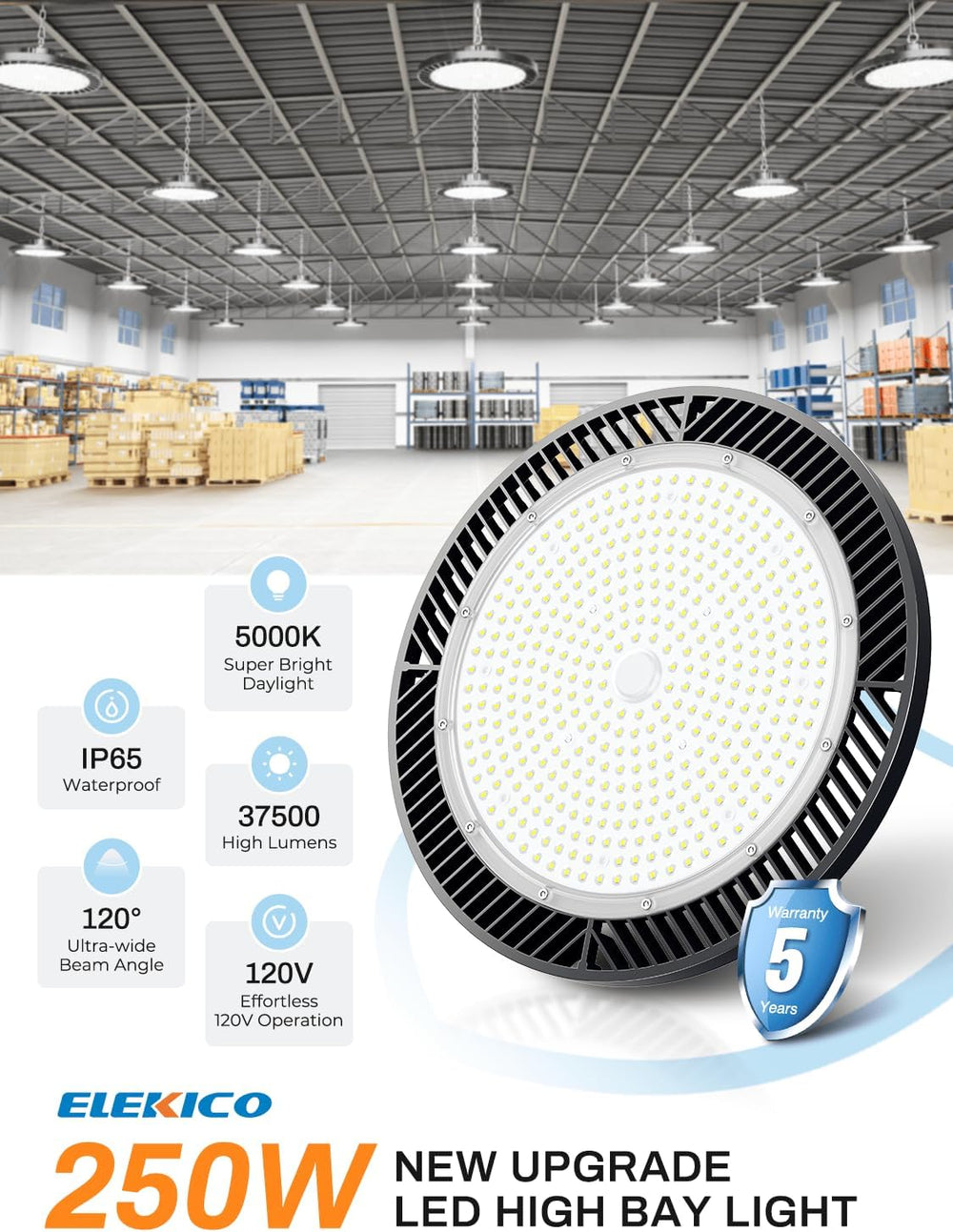 Super Bright 250W 37500LM UFO LED High Bay Light with Plug 5ft Cable
