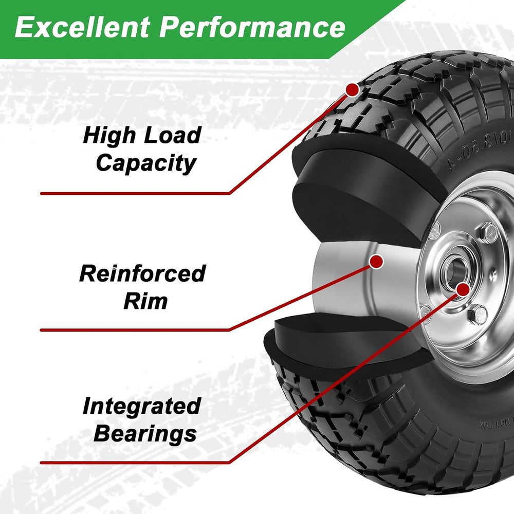 4.10/3.50-4 Tire Wheels Flat Free 10" Heavy Duty Solid Flat-Free Replace...