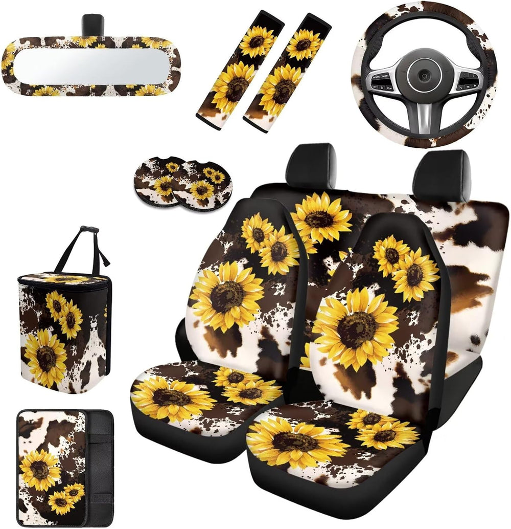 Cute Cow Print Car Accessories Set 14 Pack Sunflower Car Seat Covers Full Set...