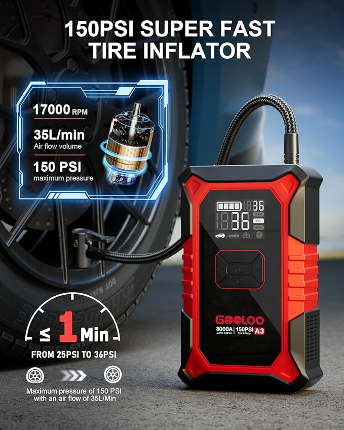 GOOLOO A3 Jump Starter with Air Compressor, 3000A Portable Car Battery Booster