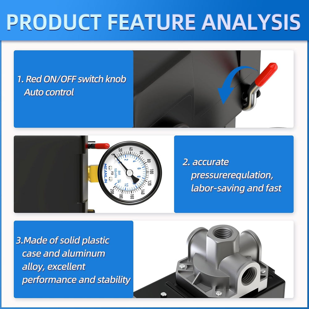 MEANLIN MEASURE Air Compressor Pressure Switch Control Valve 95-125 PSI 110V-...