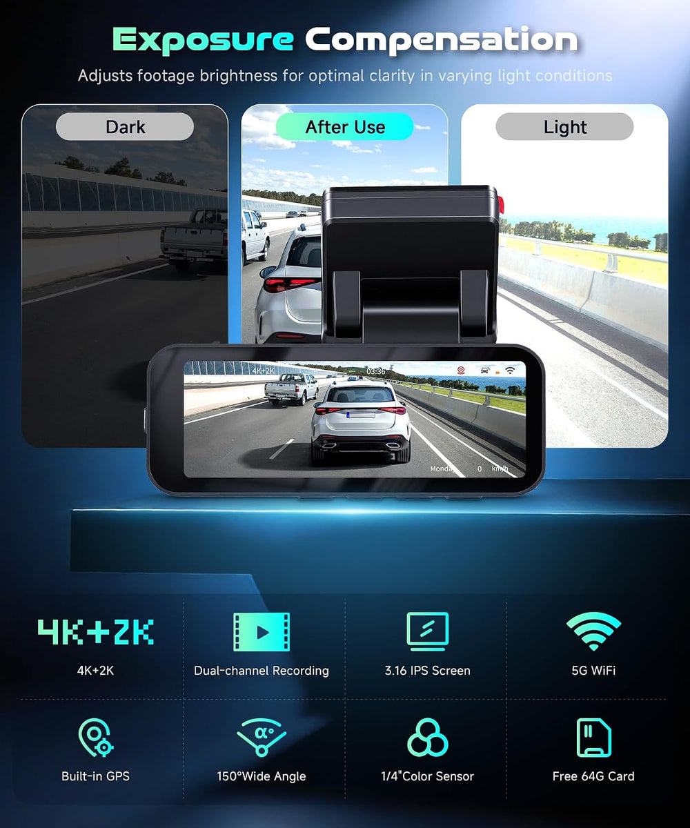 MAHVEC Dual Dash Cam Front and Rear,4K Front 2K Rear Inside Free 64GB Card