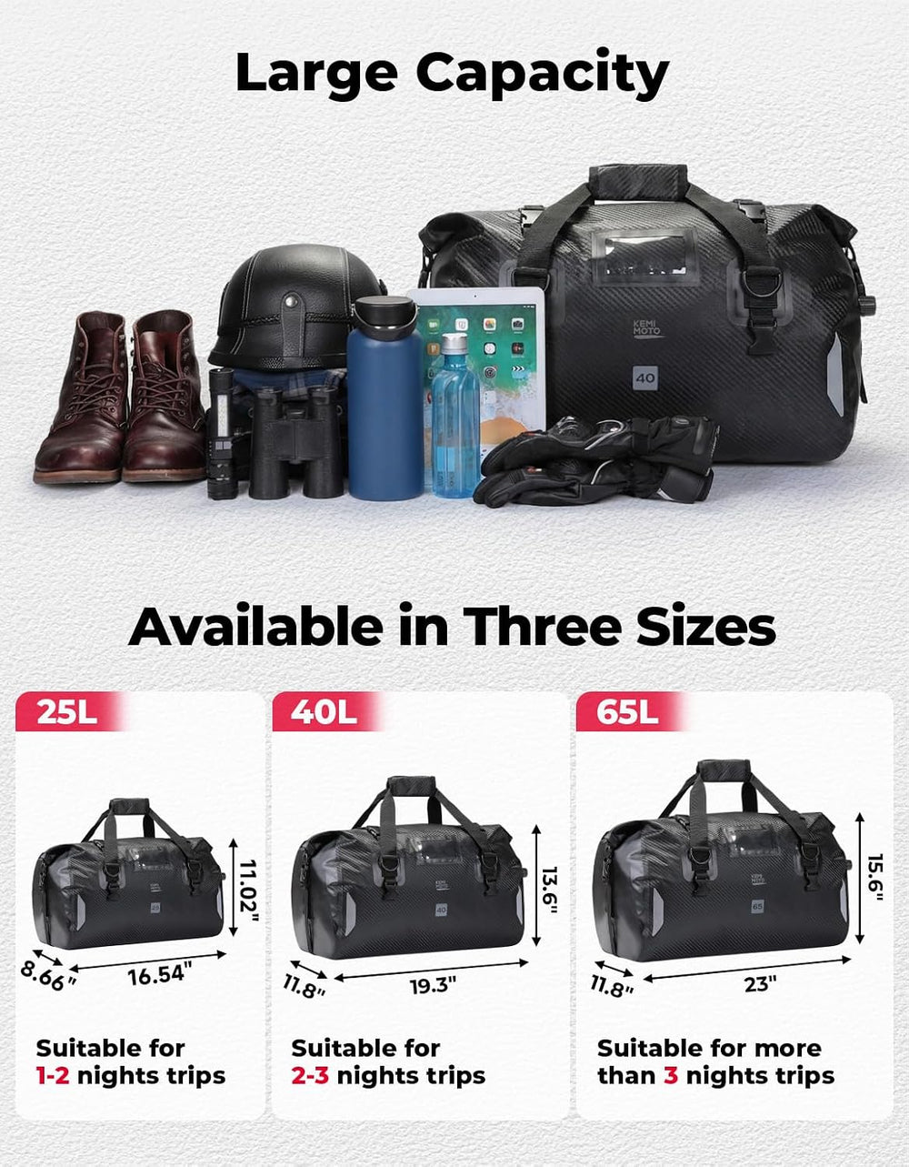 KEMIMOTO Waterproof Motorcycle Dry Bag – Duffle Tail Bag Soft Luggage, 25L/40...