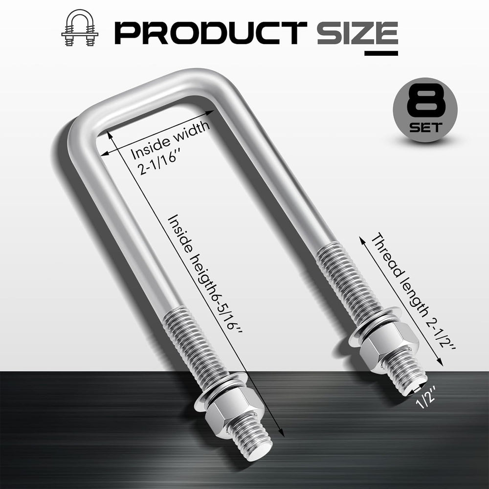 Hicarer 8 Set Square U Bolts 2 Inch Wide, Stainless Steel Square U Bolts