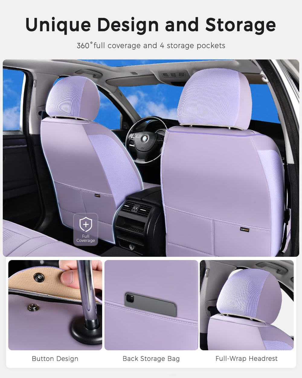 Huidasource Purple Seat Covers, Nappa Leather Car Seat Covers with Lumbar Sup...