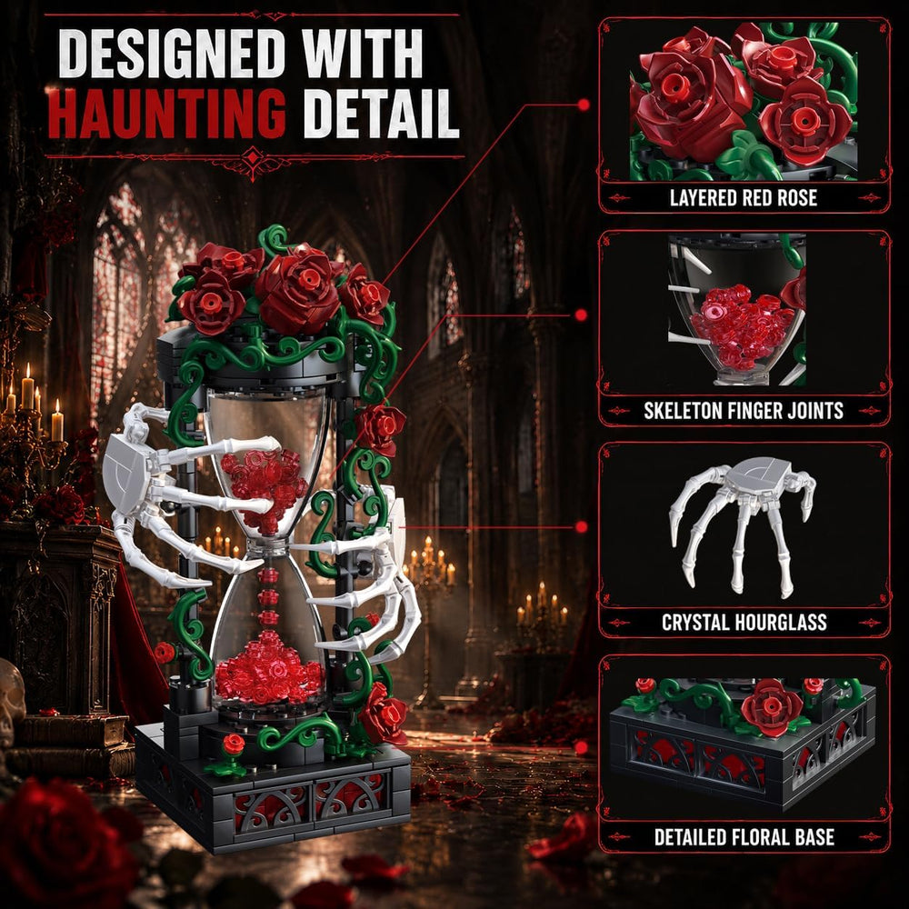 Gothic Halloween Building Set, Skeleton Hand Rose Hourglass Display Model