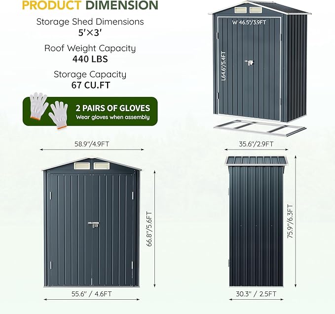 Breezz 5x3FT Vertical Outdoor Steel Storage Shed