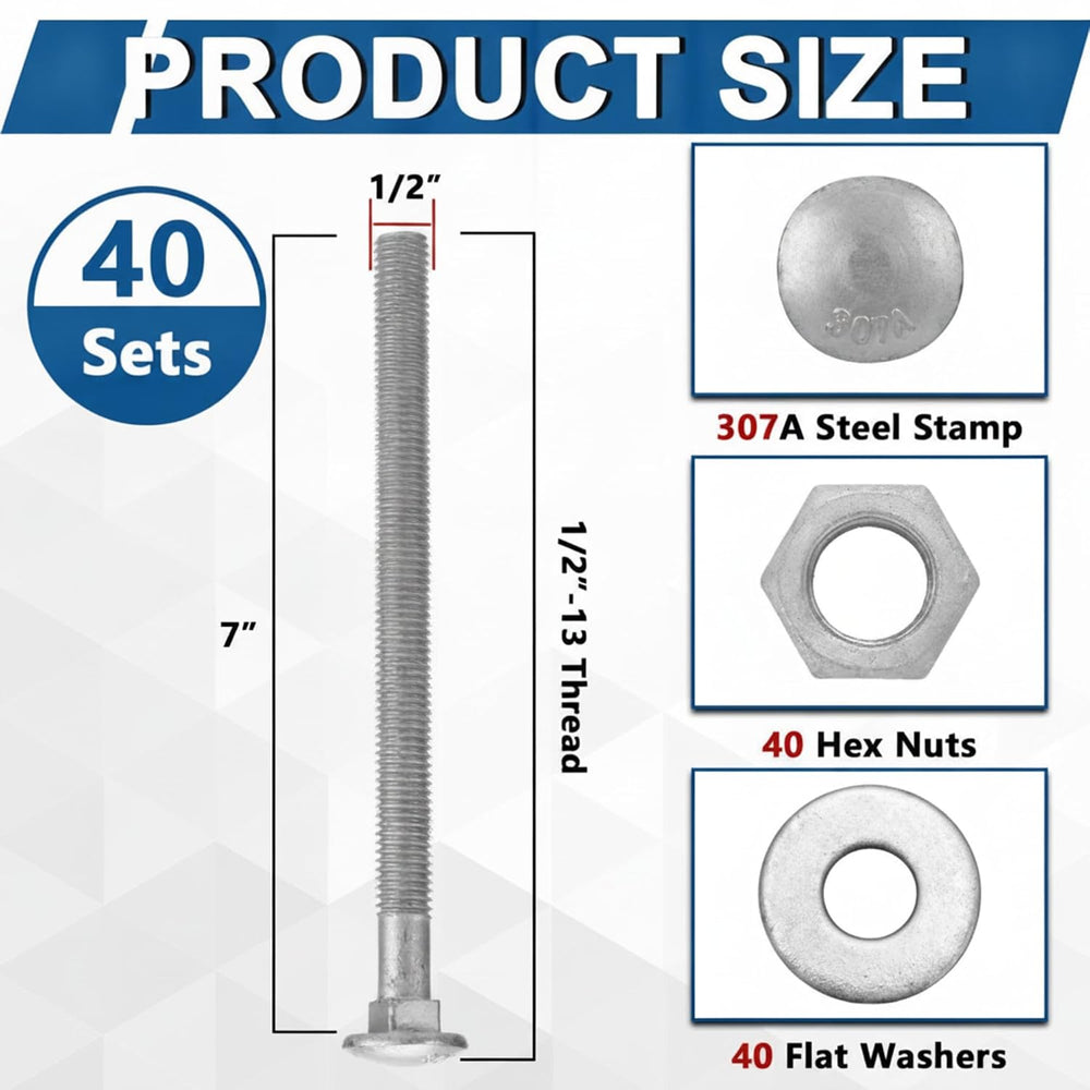 Therwen 40 Pack 1/2" x 7" Carriage Bolts Kits Grade 307A 1/2" USS