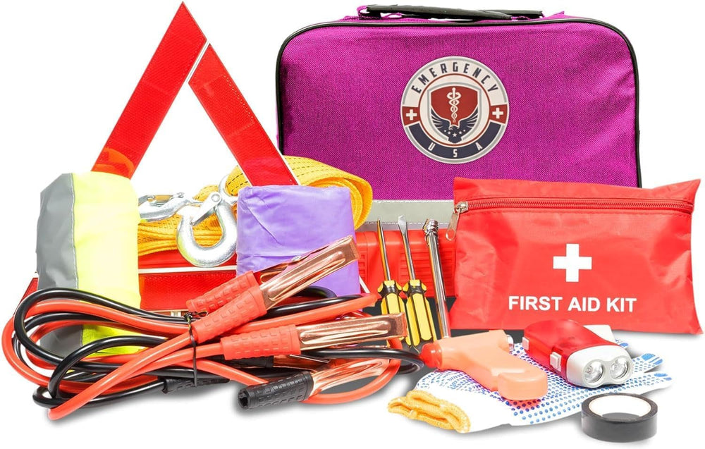 Roadside Assistance Emergency Car Kit - First Aid Kit, Jumper Cables, Tow Str...
