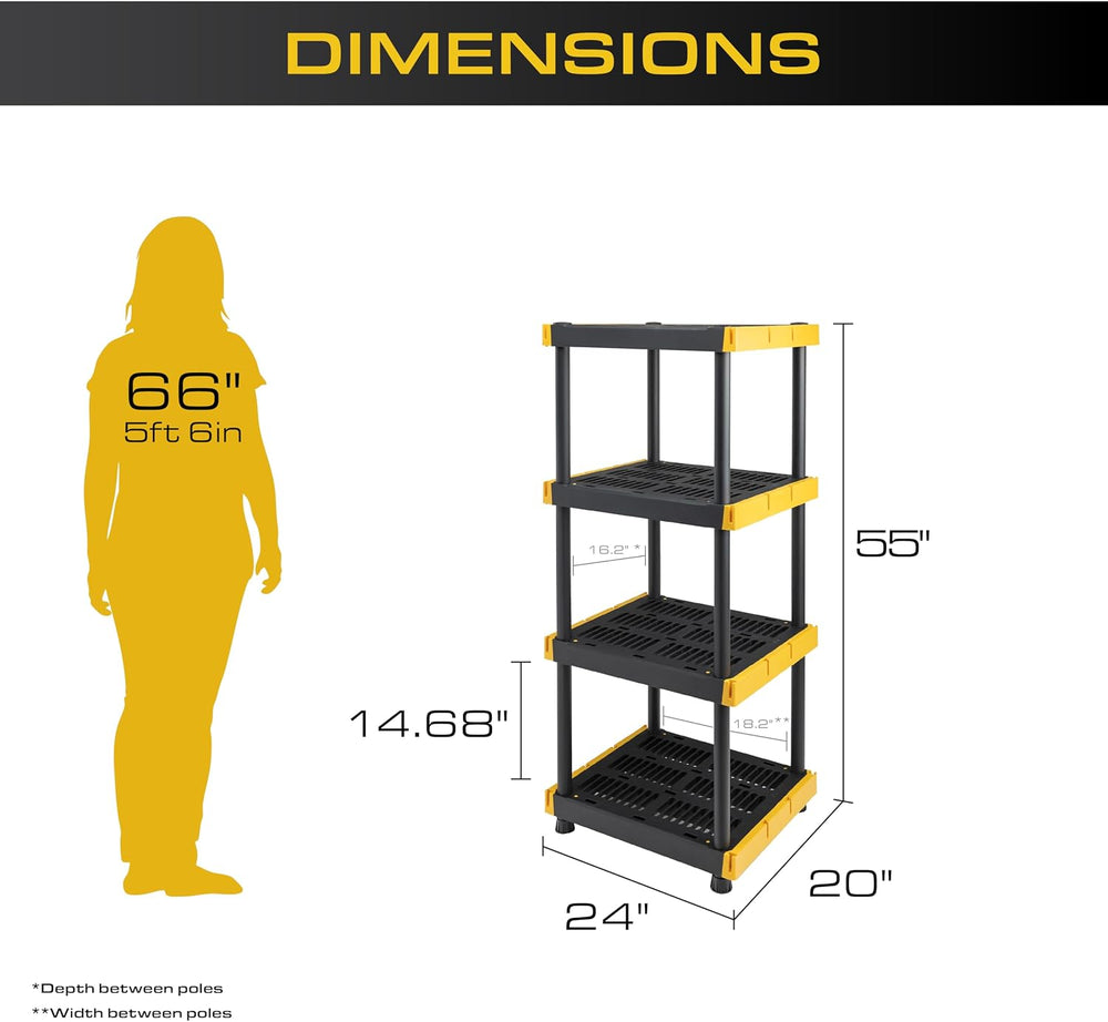 BLACK & YELLOW 4-Tier Plastic Shelving Unit for Garage, 100 lbs/shelf