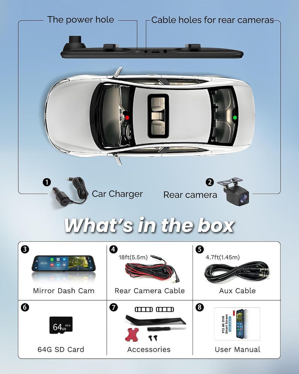 4K Rear View Mirror Camera with Carplay&Android Auto,12" Mirror Dash...