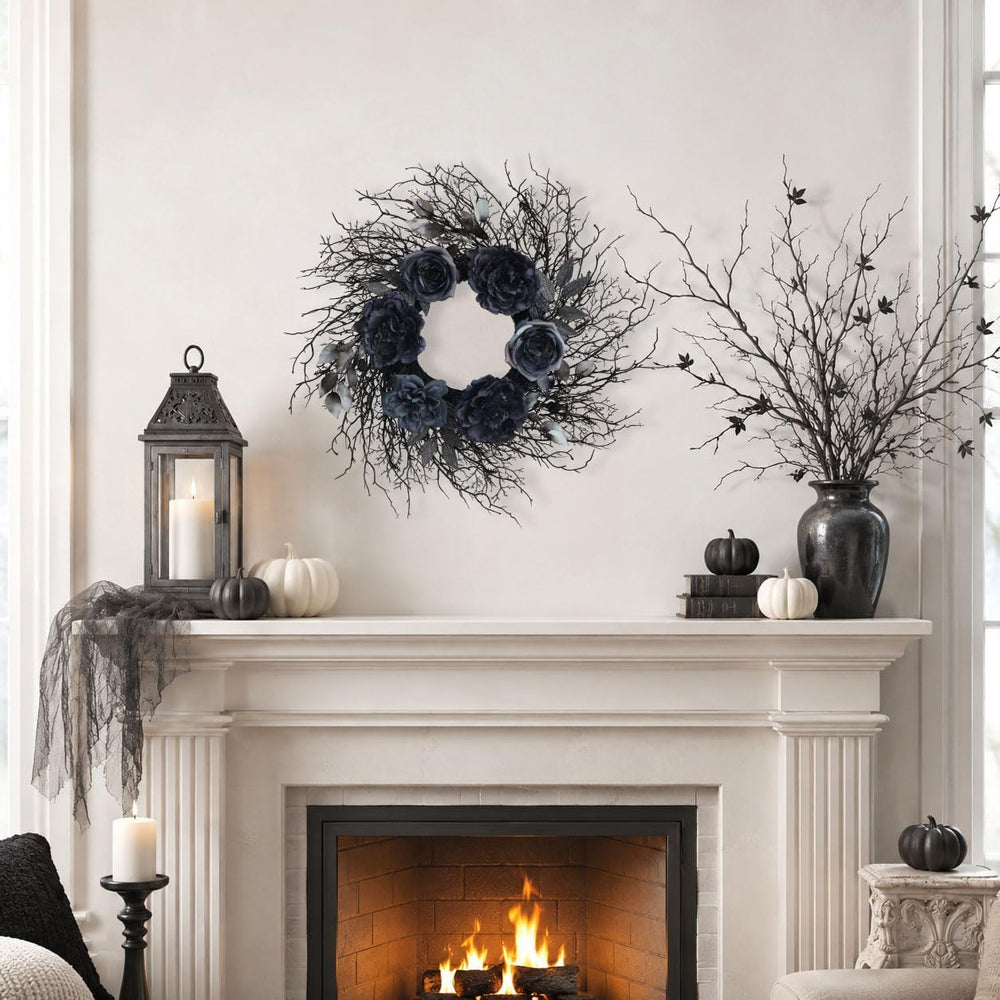 22 Inch Pre-Lit Black Twig Halloween Wreath for Front Door