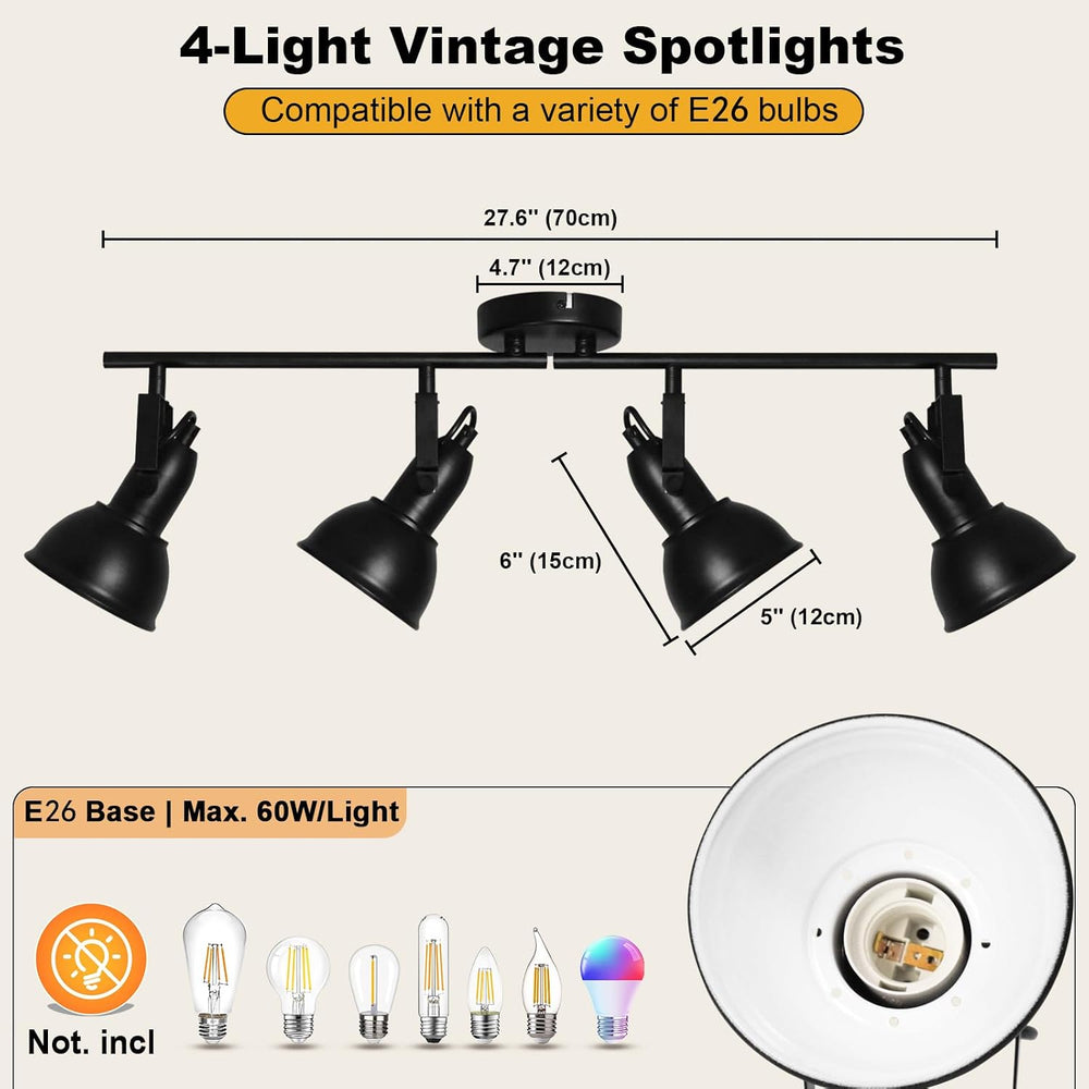 HiBay Track Lighting Fixtures Ceiling Black, Adjustable 4-Light Spotlight