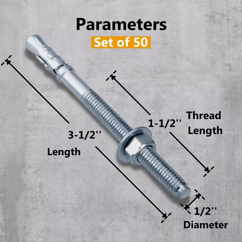 Party Animals 1/2 x 3-1/2 Inch Wedge Anchor, 50 PCs Zinc-Plated Industrial An...