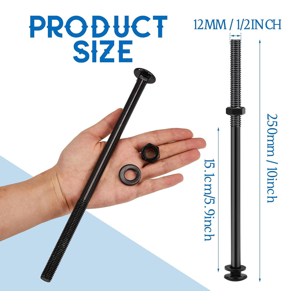 Zonon 12 Sets Carriage Bolt, Black, 1/2 x 10 Inch