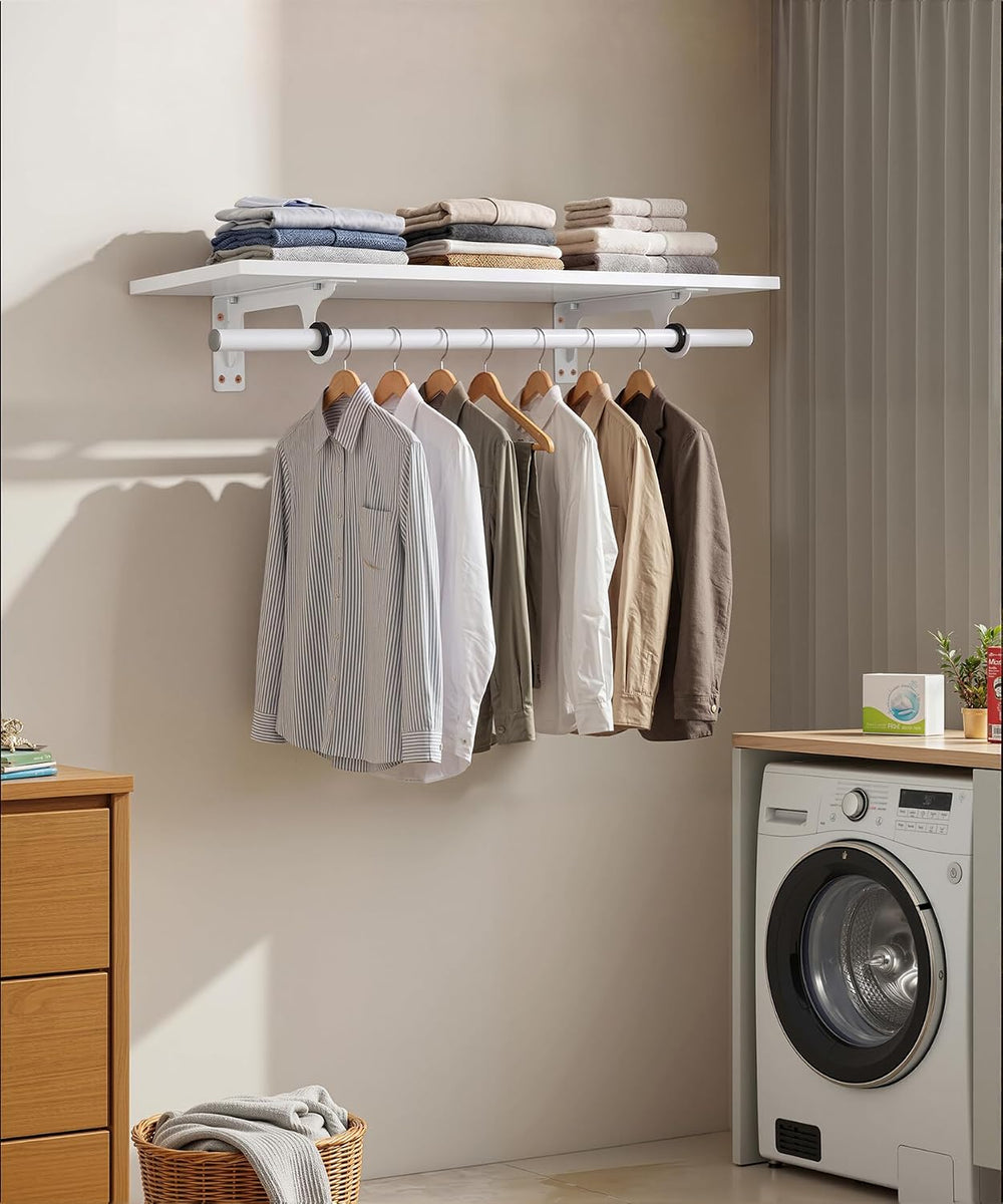 Wall Mounted Clothes Rack, with Top Shelf and Hanging Rod, Heavy Duty (White,...