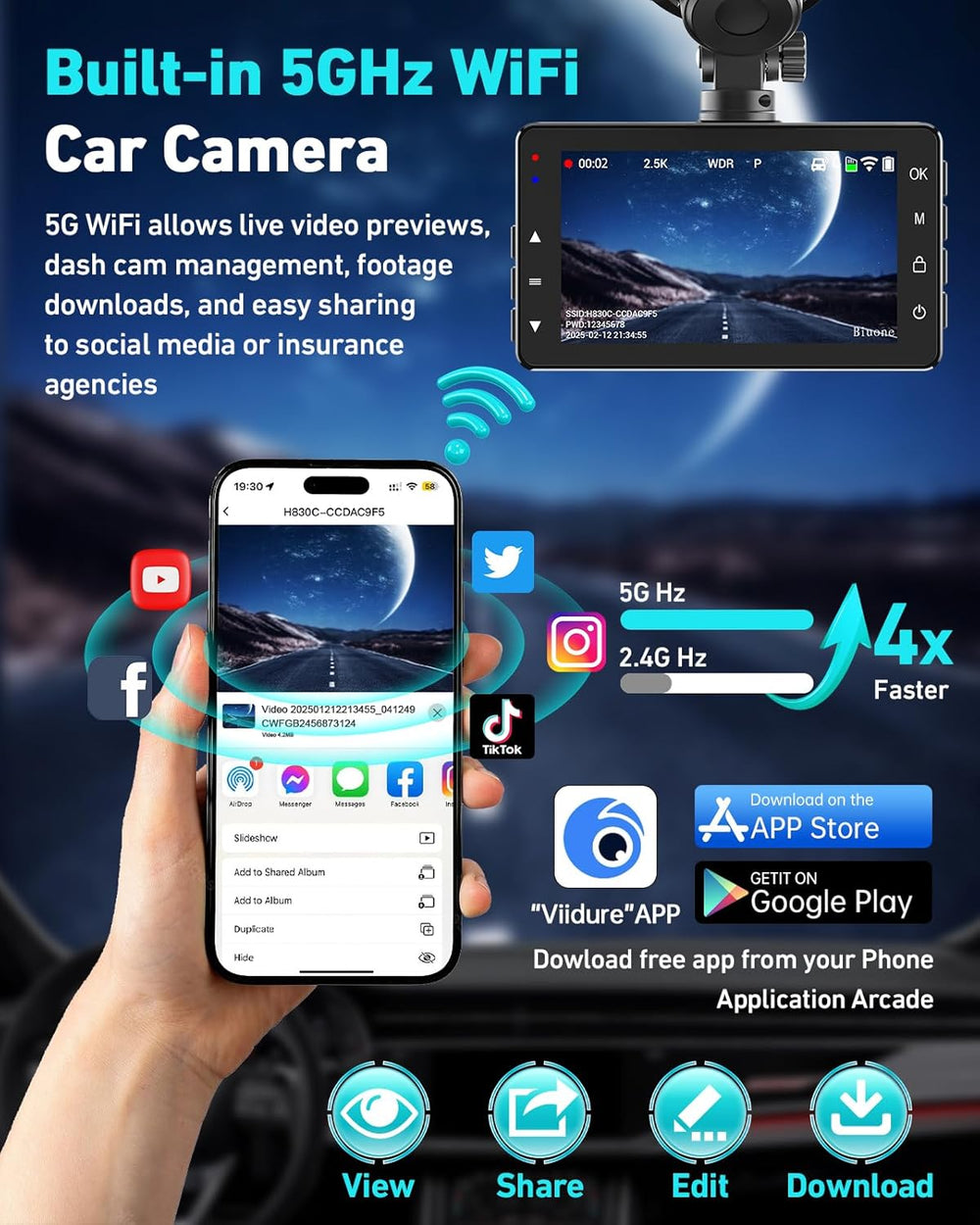 Dual Dash Cam, 2.5K Front, 1080P Rear, 5G WiFi, 64GB Card