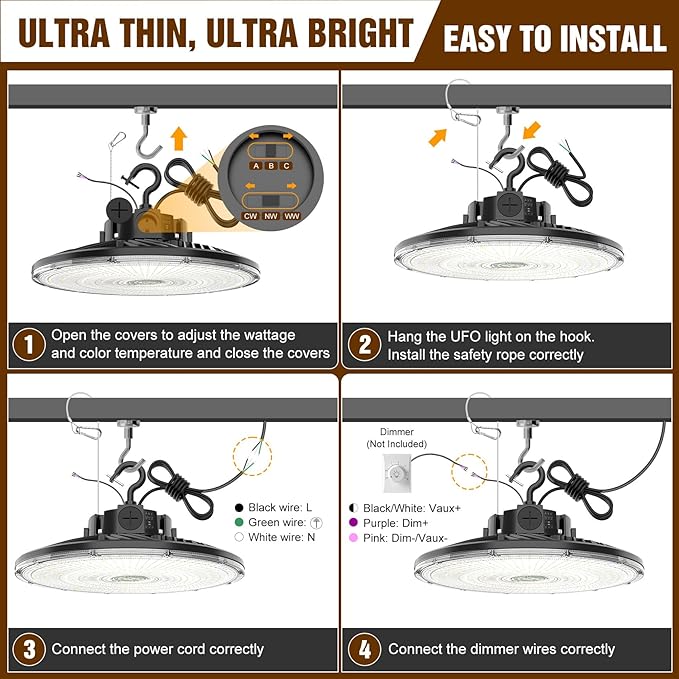 480V UFO LED High Bay Light 240W 200W 150W Adjustable, UL DLC Listed Dimmable