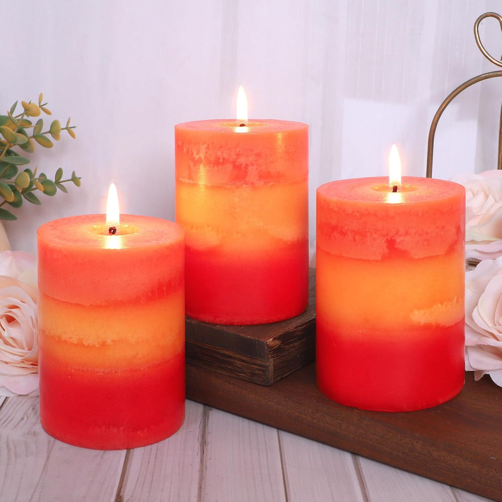 3x4 Inch Pillar Candles 3 Pack Rustic Orange Handmade Layered Clean Burning P...