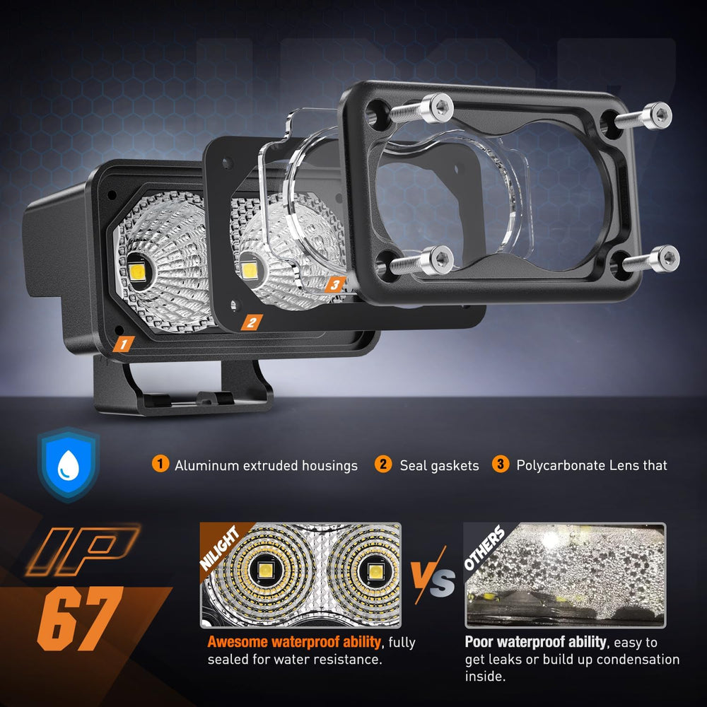 Nilight Motorcycle LED Pods 2 PCS 3 Inch Flood Offroad Fog Light 1160LM Drivi...