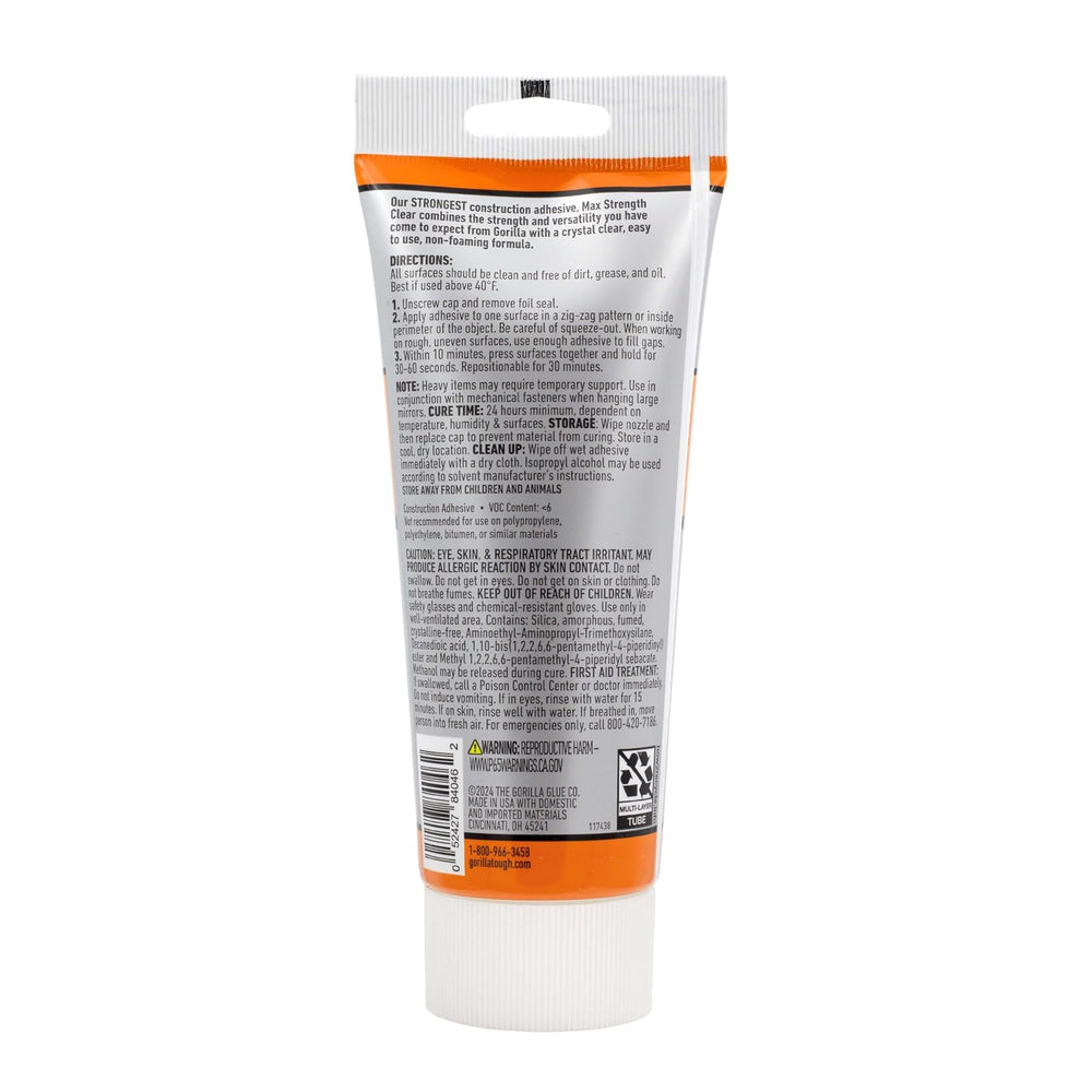 Gorilla Max Strength Construction Adhesive, Clear, Tube, 7oz (Pack of 6)