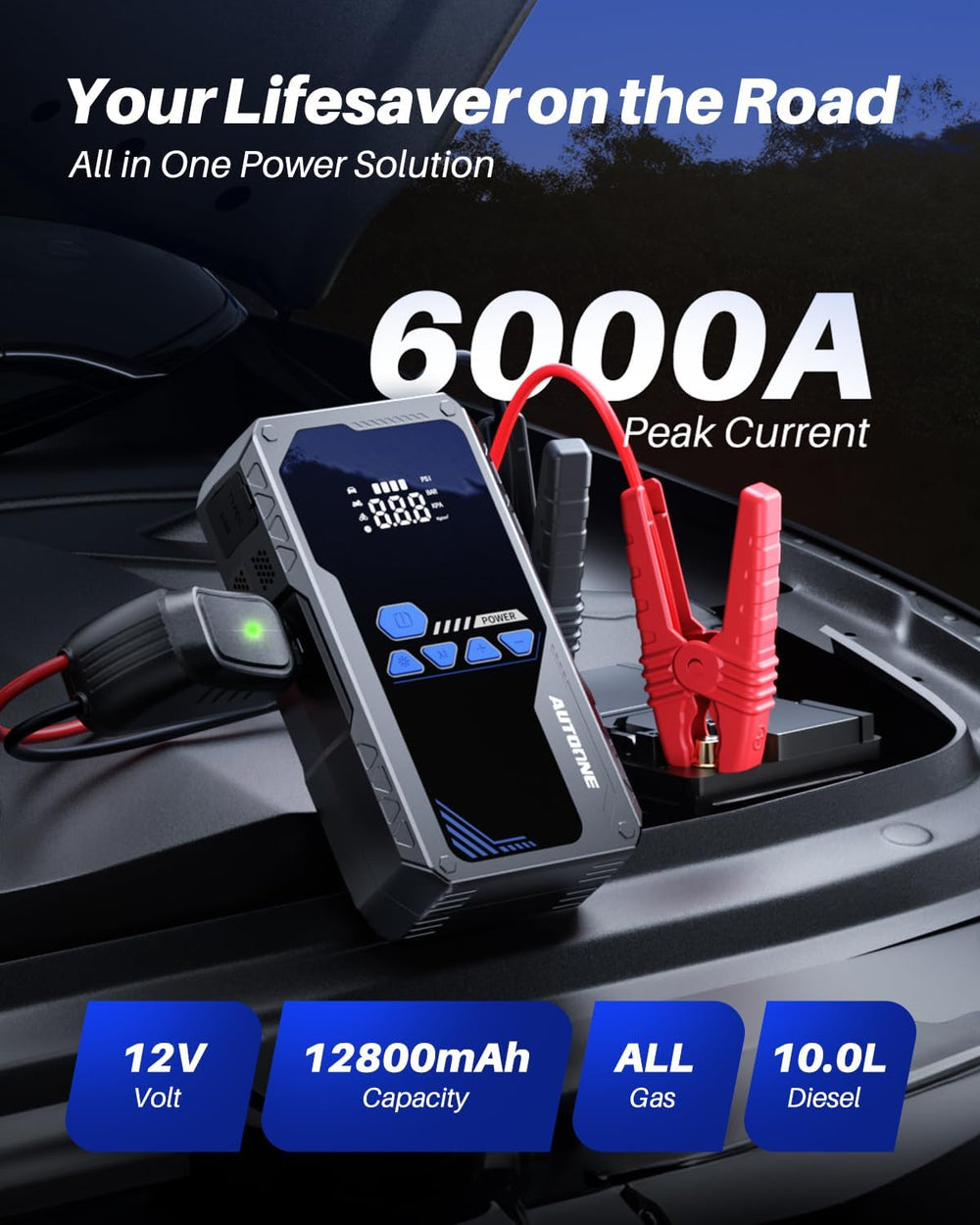 AUTOONE 6000A Jump Starter with Air Compressor (All Gas/10L Diesel), 150PSI C...
