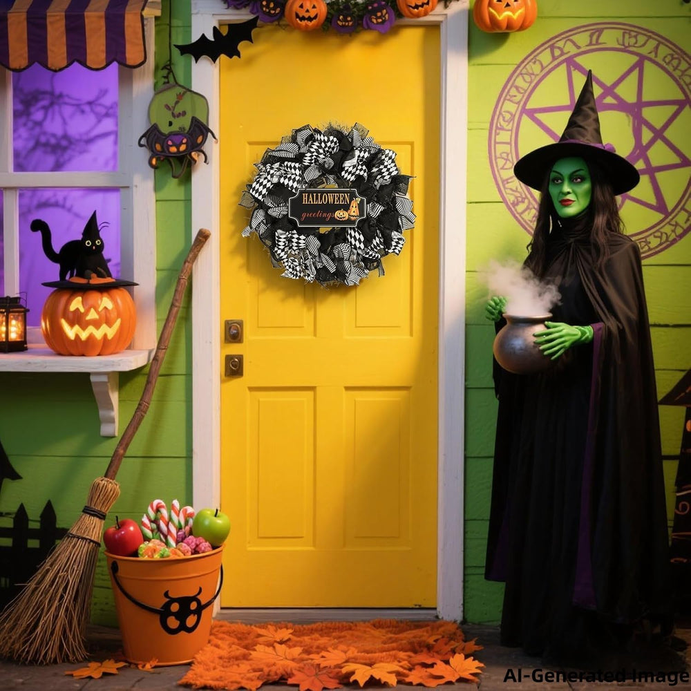 Halloween Wreath, 26 Inch, Black & White Checkered Bow