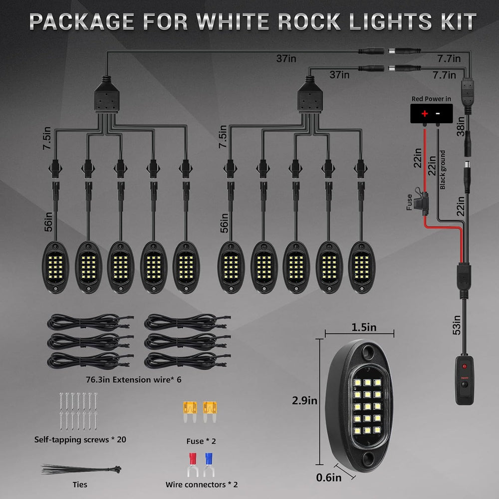 10 Pods Pure White LED Rock Lights with Power Swith Wiring Harness, 6000K Sup...