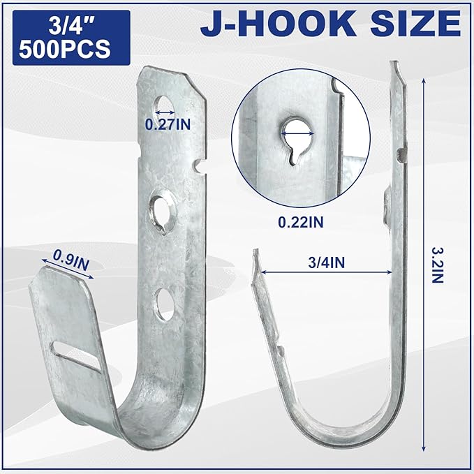 Gisafai 500 Pcs Cable Support J-Hook, 3/4 Inch Metal Garage Hooks