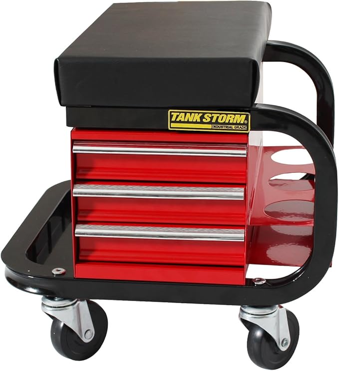 Tool Box Built-in Creeper Seat, Garage Shop Roller Seat, 3 Drawers Heavy Duty