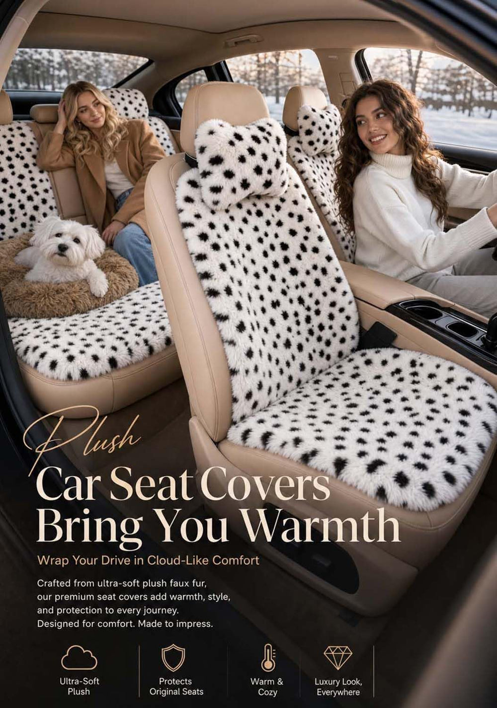 9PCS Fluffy Leopard Car Seat Covers, Anti-Slip Warm Car Seat Cushion Set
