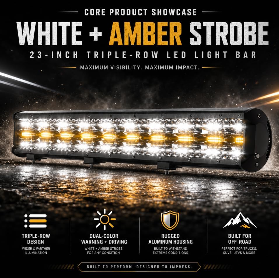 23 Inch 144W LED Light Bar White/Amber Flasing Strobe Light with Six Modes Dr...