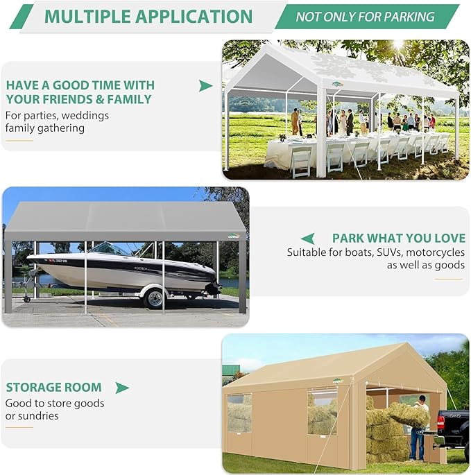 COBIZI Carport 10x20ft Heavy Duty Portable Garage, 2.0 Powder Coated Frame