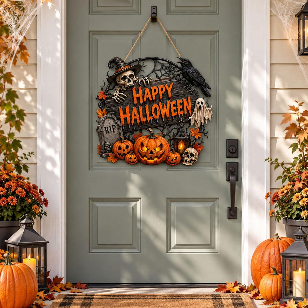 Spiritlele Big Happy Halloween Door Sign Wooden Decoration for Front Door
