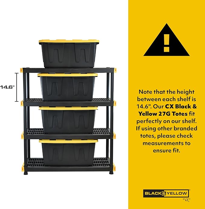 BLACK & YELLOW, 4-Tier Heavy Duty Plastic Storage Shelving Unit, 200lbs/s...