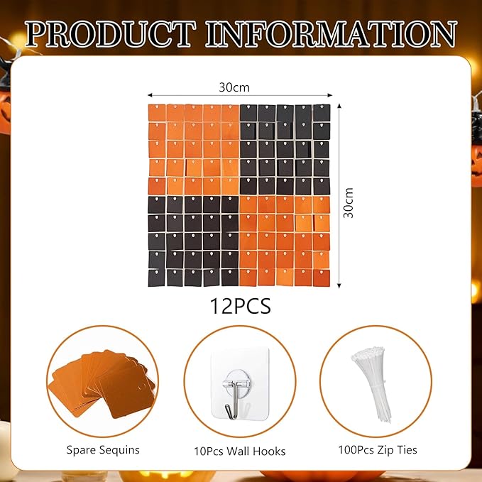 12PCS Black Orange Shimmer Wall Backdrop, Square Sequin Photo Backdrops Panel...