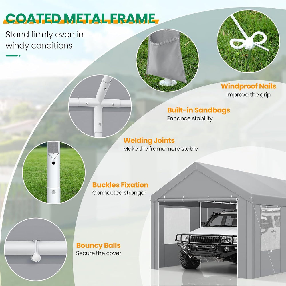 12x20 FT Heavy Duty Carport with Galvanized Frame, Gray